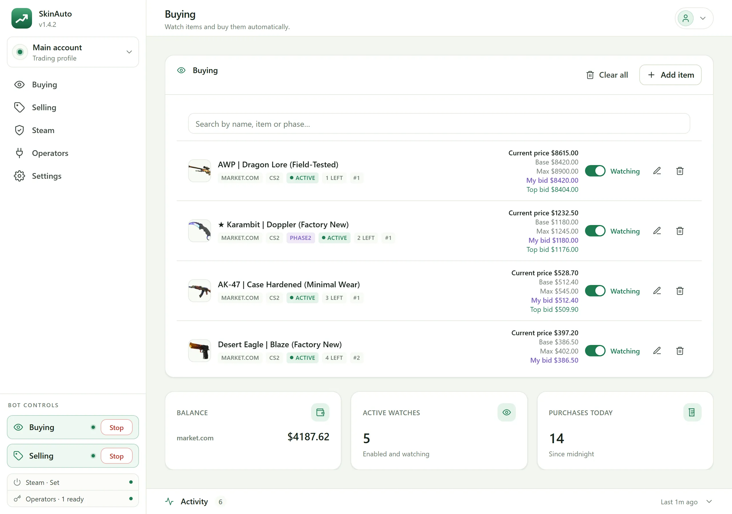 Buying screen of the SkinAuto desktop app