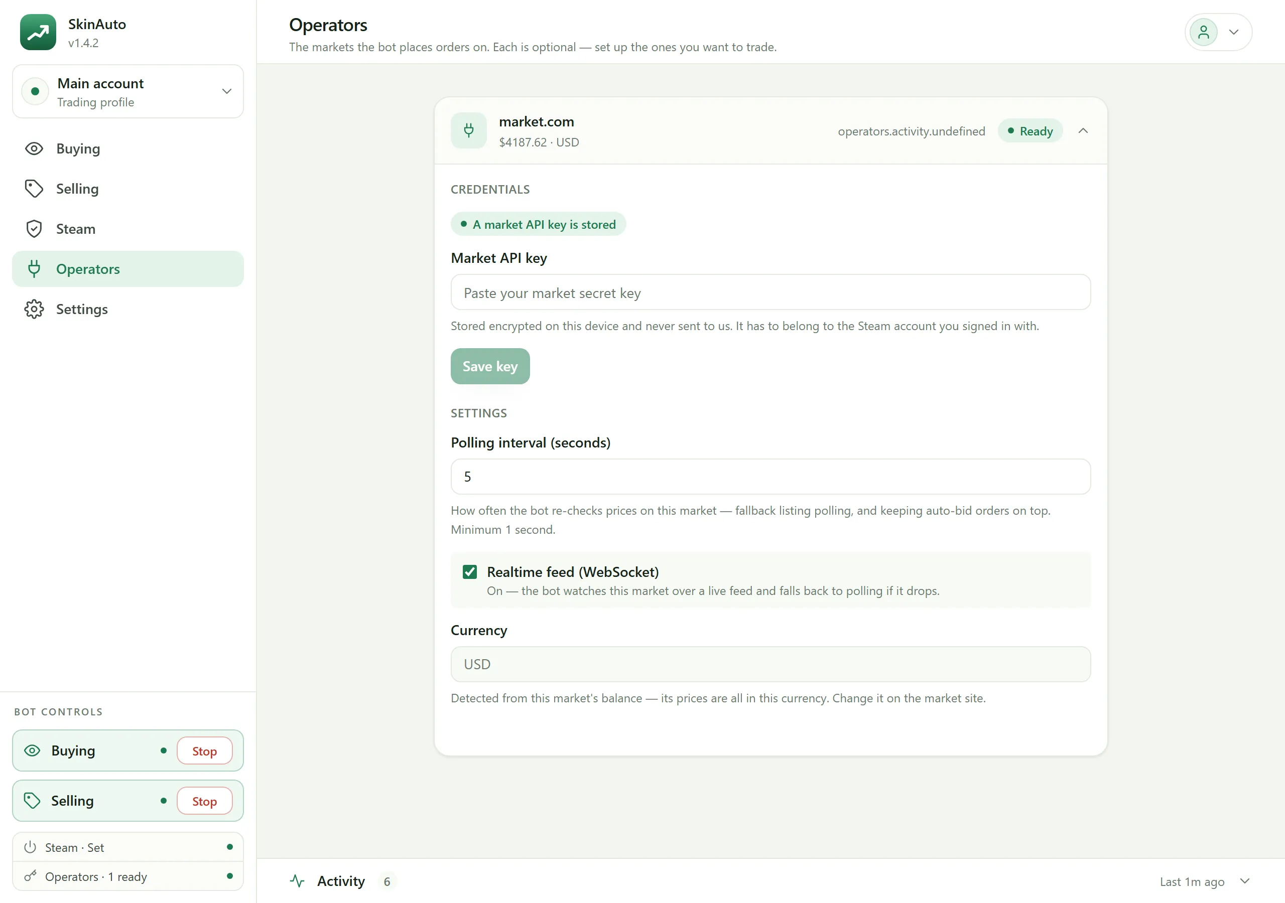 Operators screen of the SkinAuto desktop app