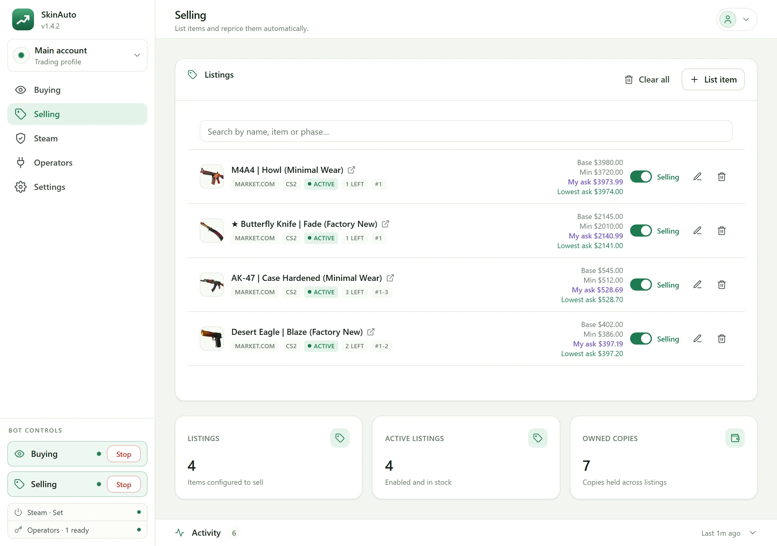 Selling screen of the SkinAuto desktop app