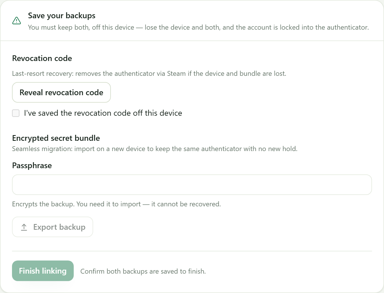 The backup step: reveal the revocation code and export an encrypted bundle