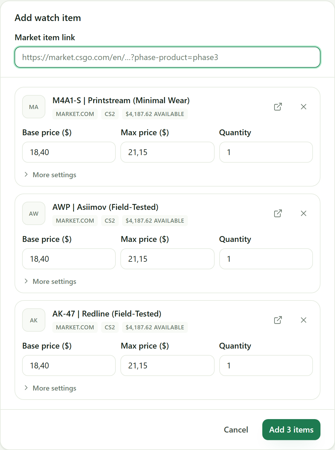 The Add watch item dialog with three item cards