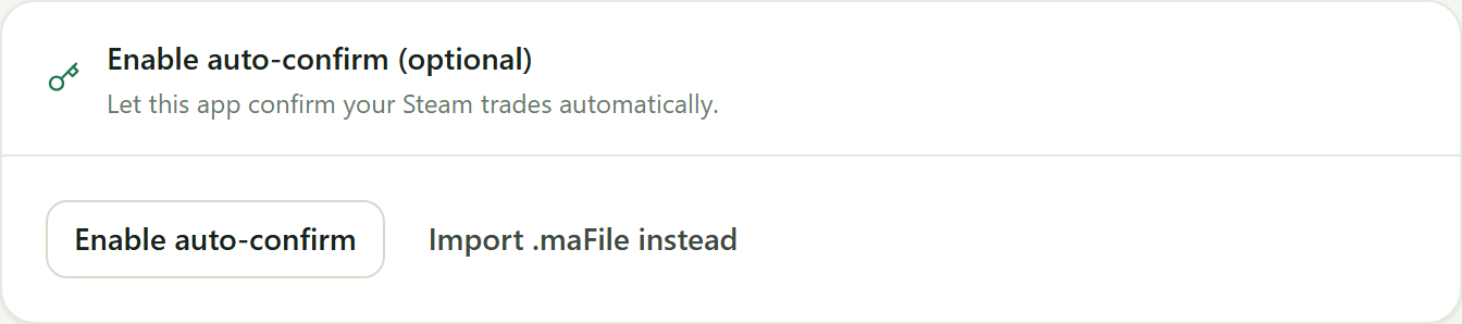 The optional auto-confirm panel, with buttons to enable auto-confirm or import a .maFile instead