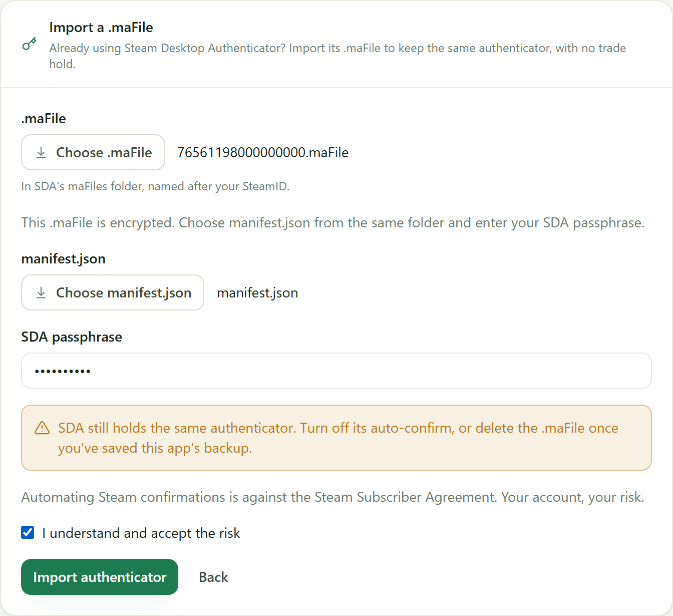 The import panel with an encrypted .maFile chosen, asking for manifest.json and the SDA passphrase