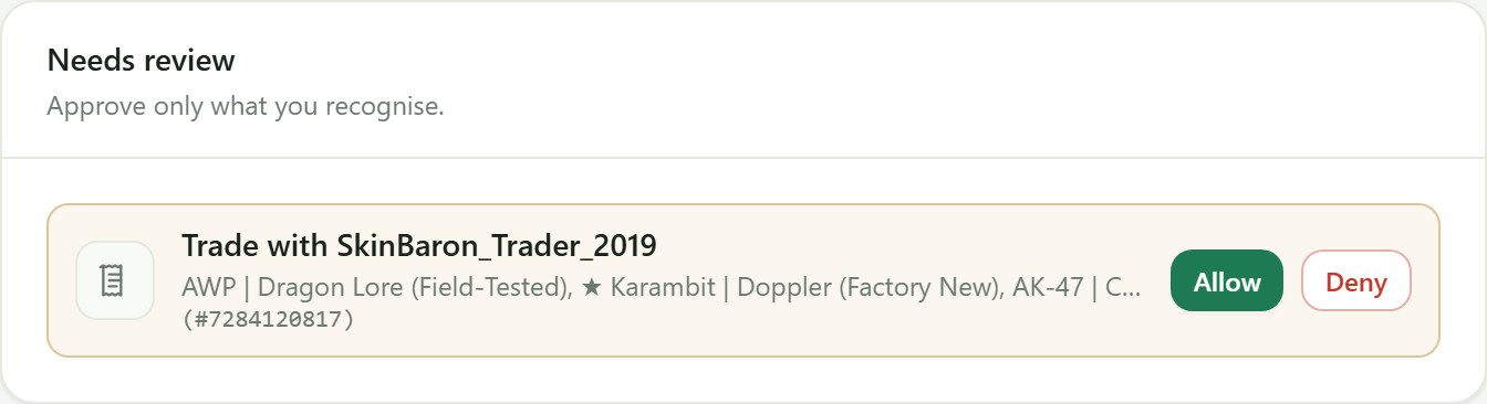 The Needs review panel, listing a held offer with Allow and Deny buttons
