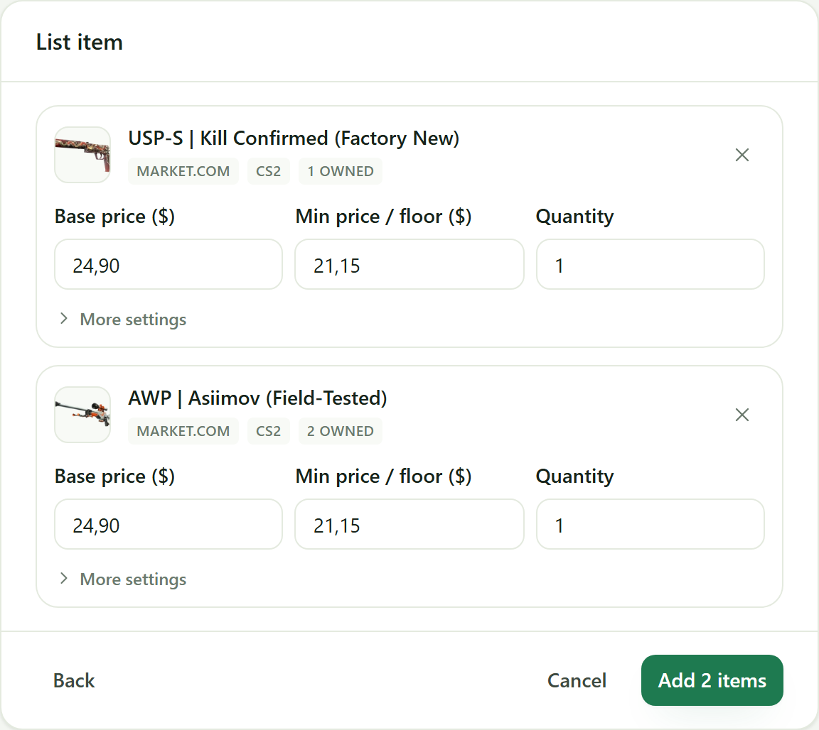 The List item dialog with two item cards ready to add