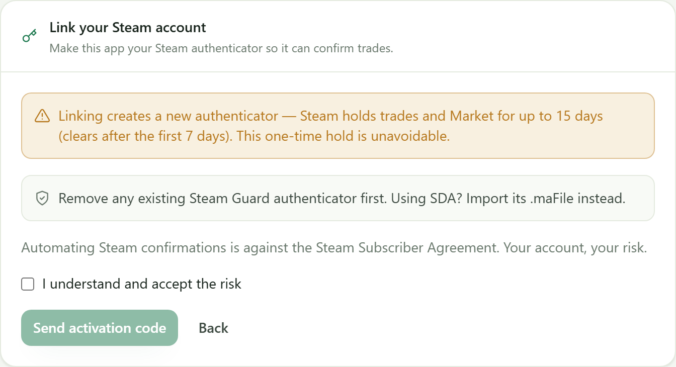 The consent step warning about a 15-day trade hold and the Steam Subscriber Agreement
